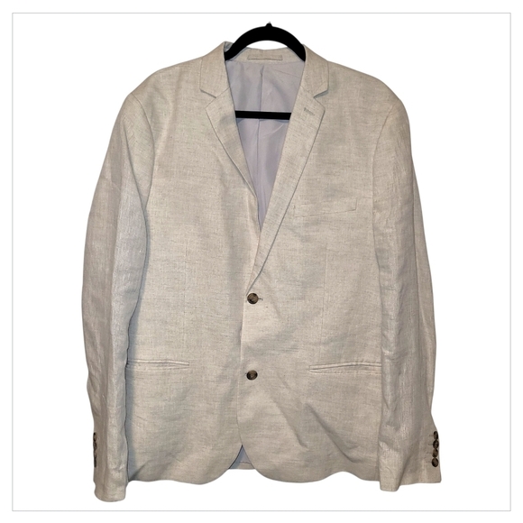H&M Mens Slim Fit Linen Blazer Large Light Beige Summer Wedding Jacket - Picture 3 of 8